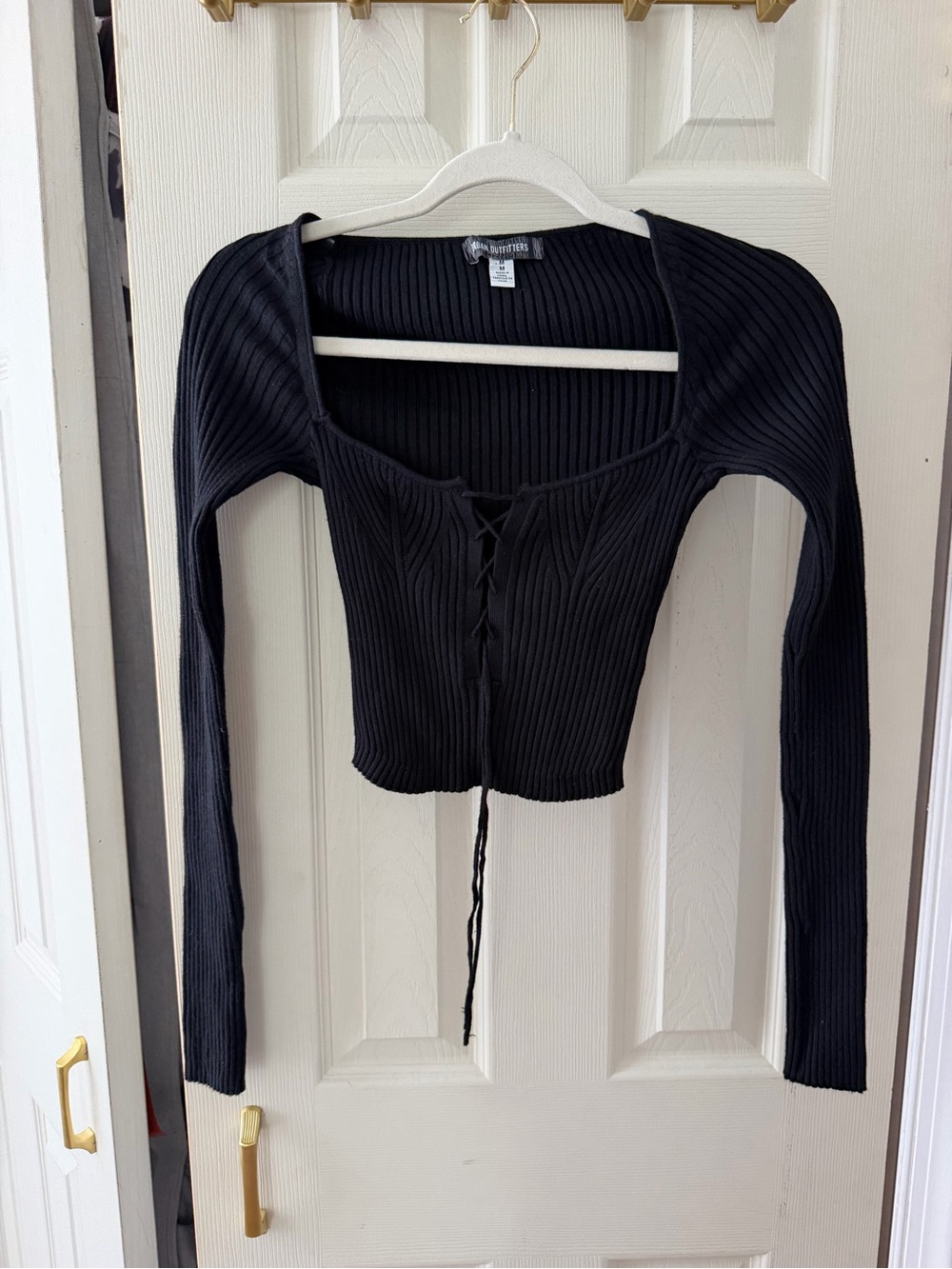 Urban Outfitters Ribbed Lace-Up Square Neck Long Sleeve Top - Black